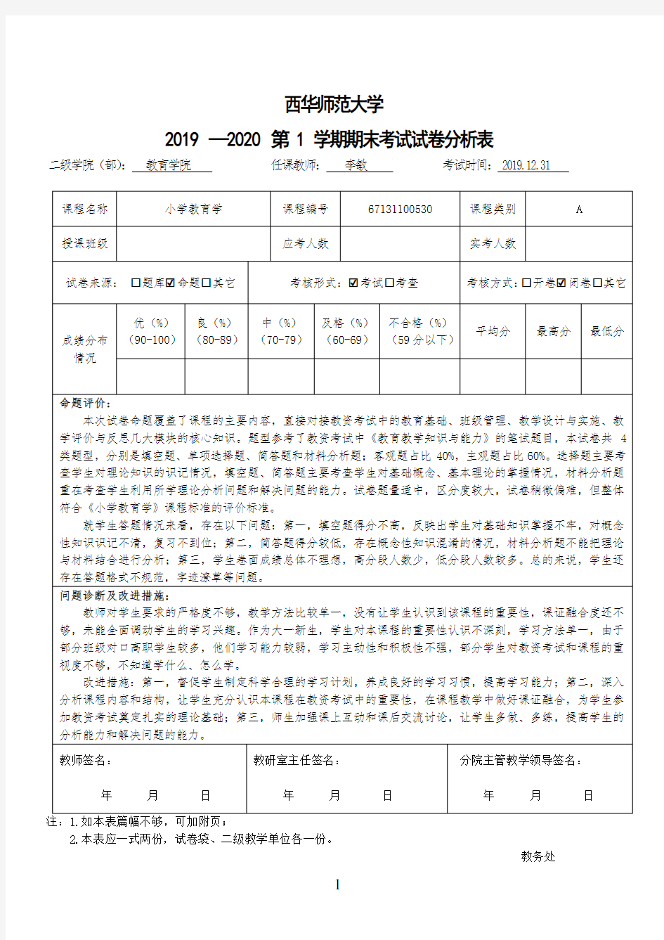 2020年高校期末考试试卷分析表(万能模板)