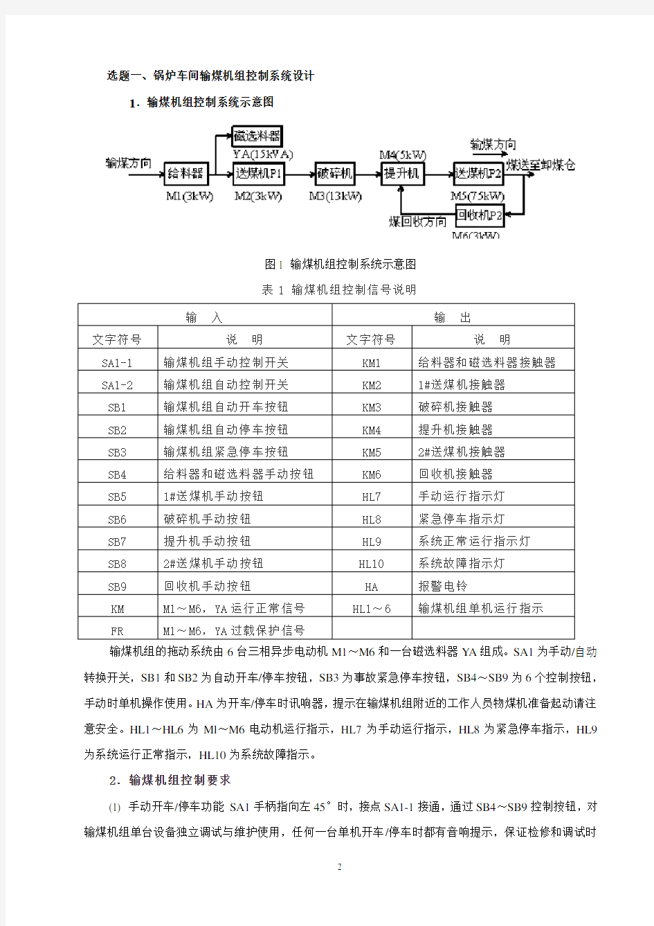 PLC课程设计题目(DOC)