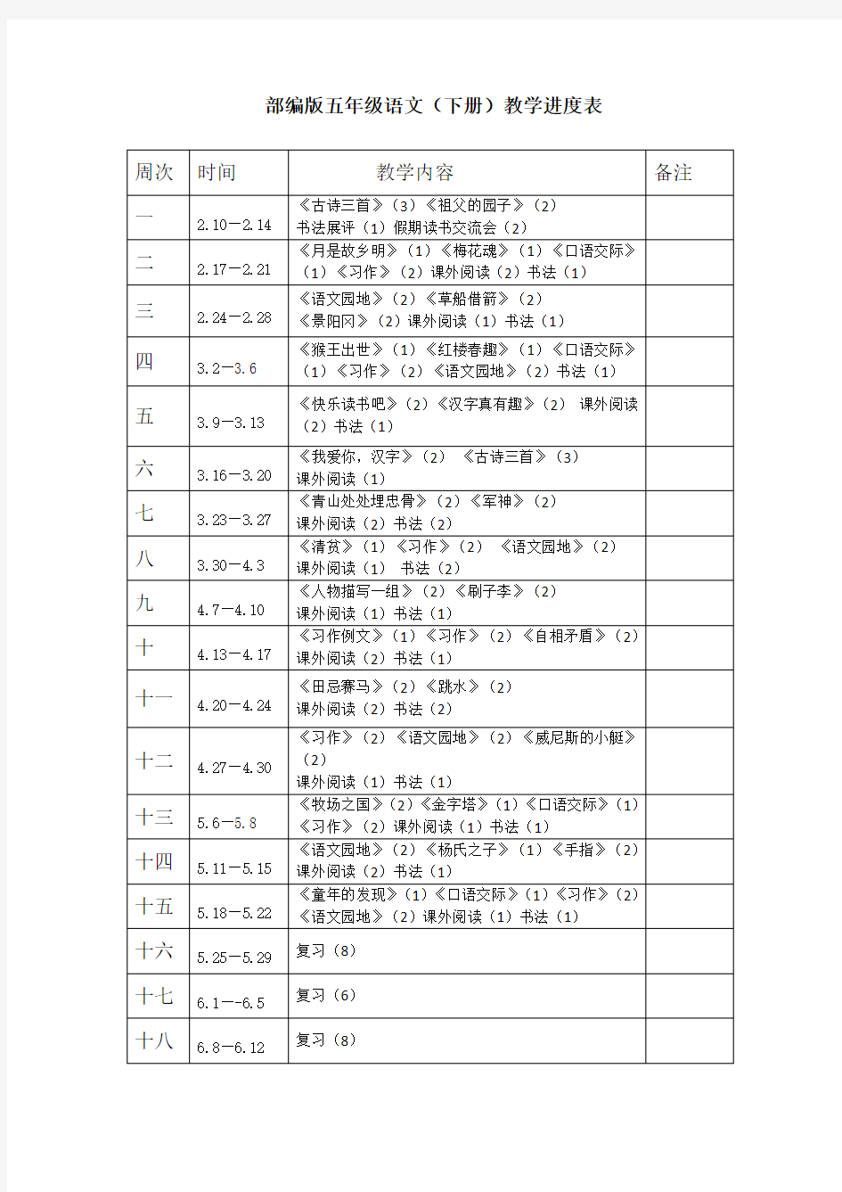 部编版五年级语文下册教学进度表【最新版】