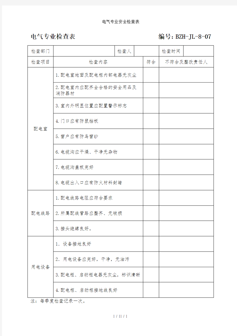 电气专业安全检查表