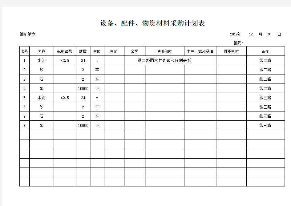 材料采购计划表及询价(空表)