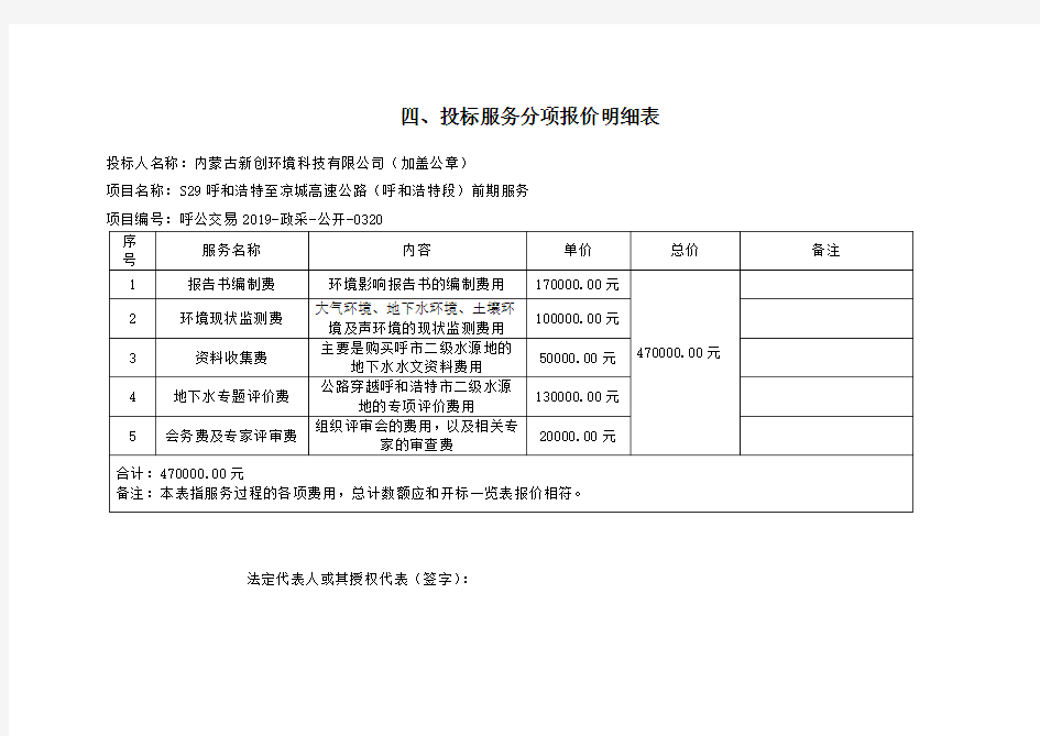 四、投标服务分项报价明细表