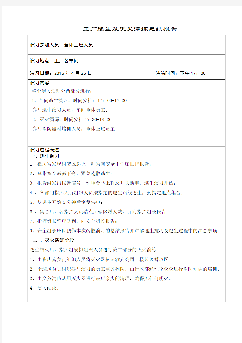 工厂逃生及消防演习总结报告