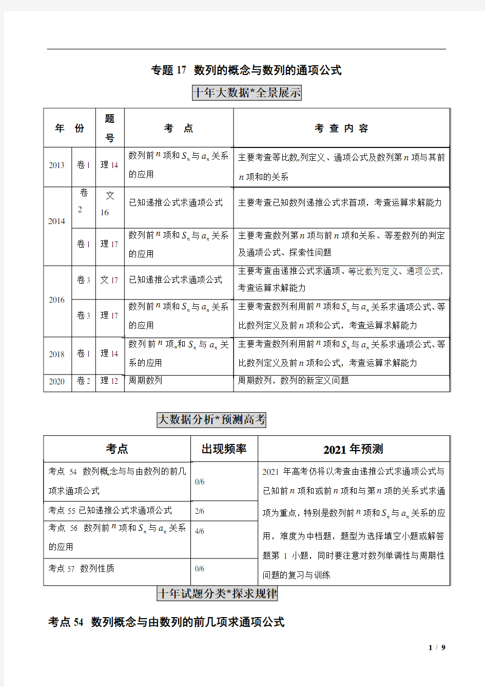 2011-2020高考分类专题17 数列的概念与数列的通项公式(解析版)