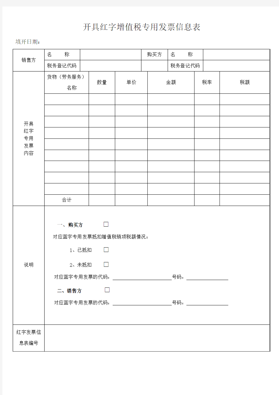 开具红字增值税专用发票信息表