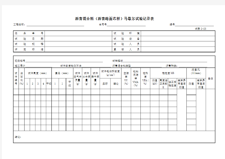 沥青混合料(沥青路面芯样)马歇尔试验记录表