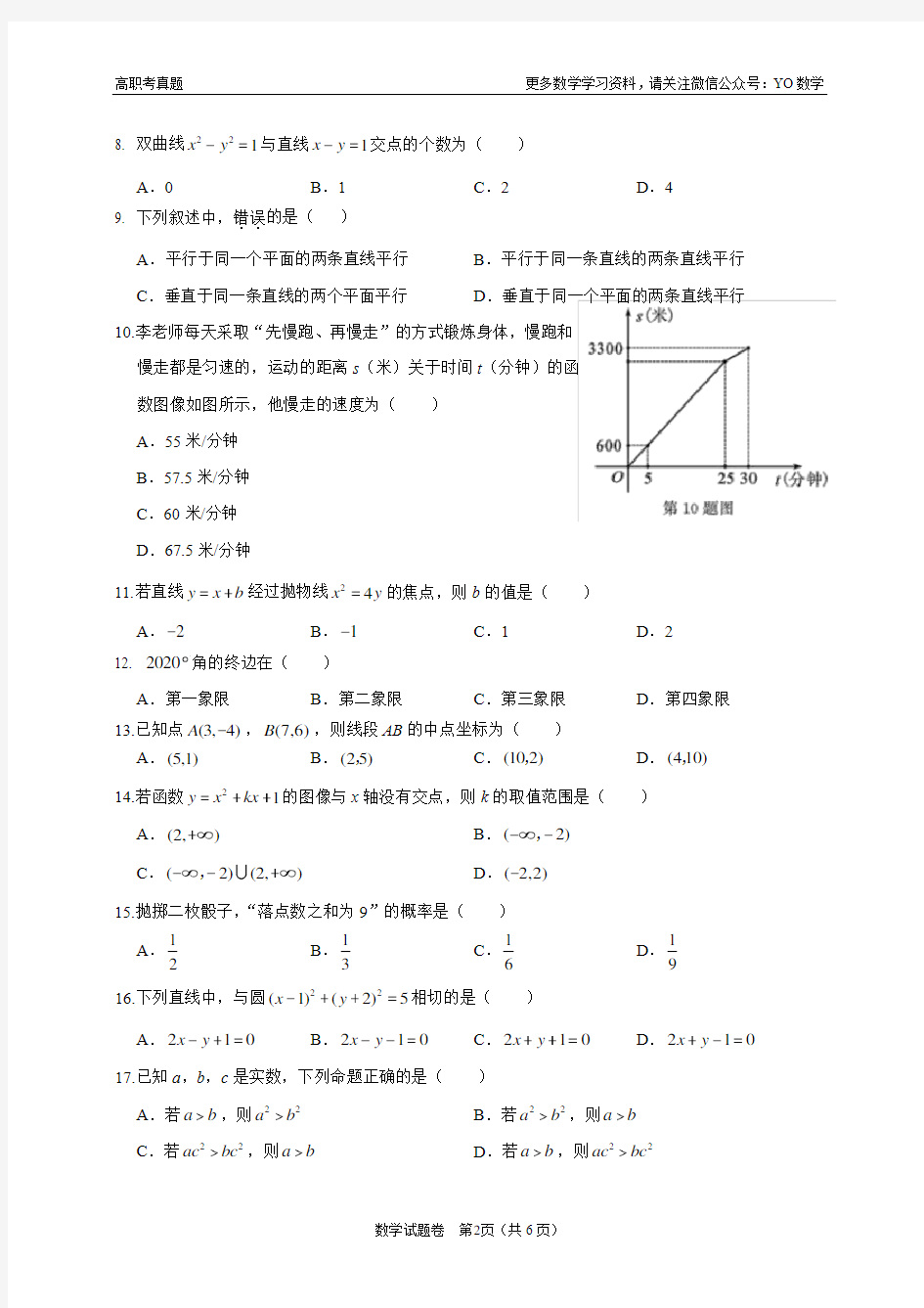 2020年浙江省单招单考数学试卷
