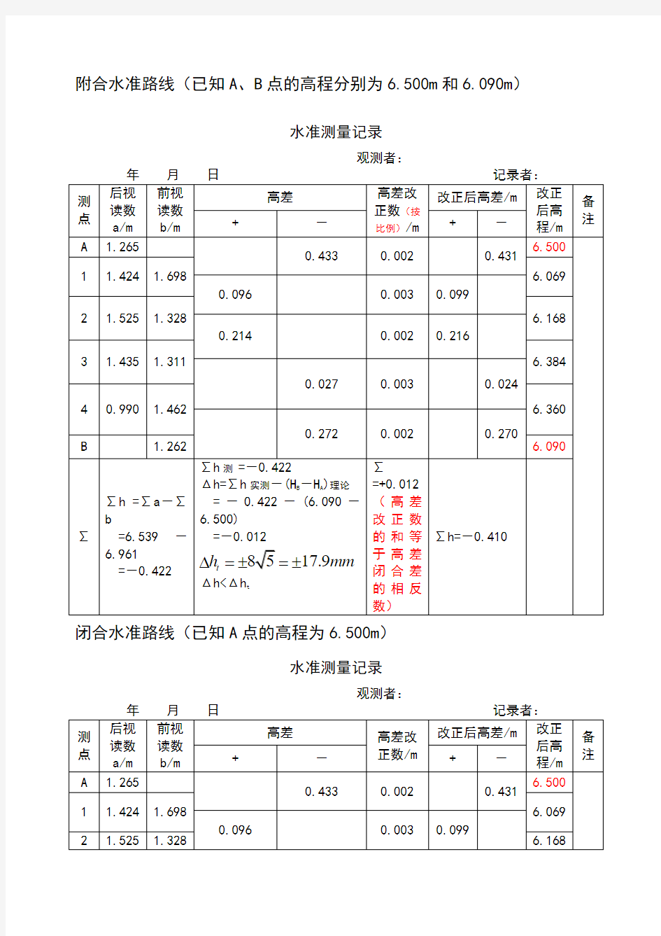 水准测量记录表