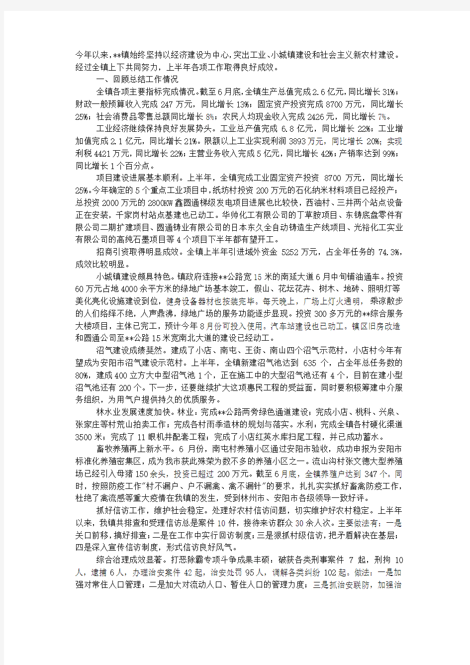 小乡镇上半年工作总结及下半年工作计划模板.docx