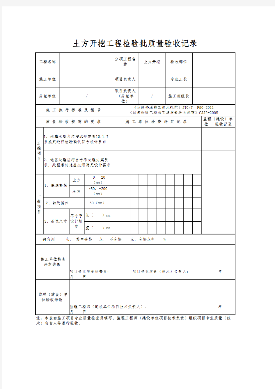 土方开挖工程检验批质量验收记录