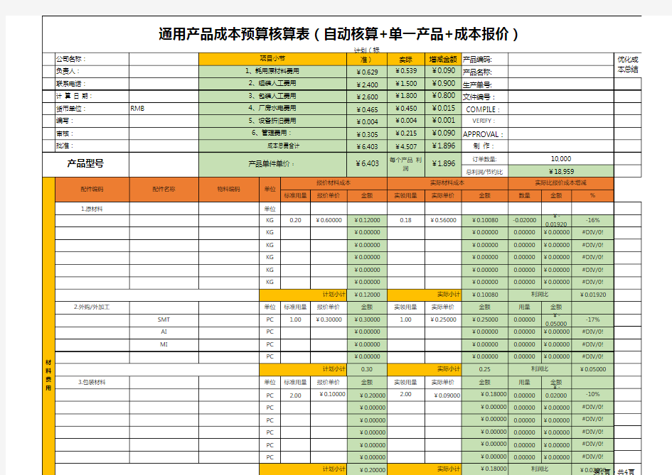 单个产品成本核算预算表格