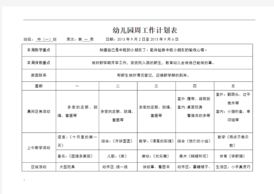 幼儿园中班周计划表[1]