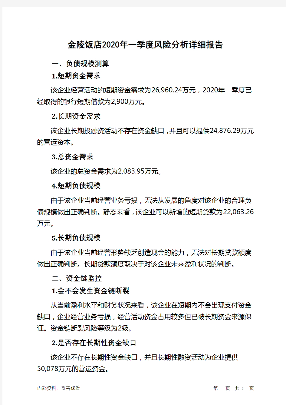 金陵饭店2020年一季度财务风险分析详细报告