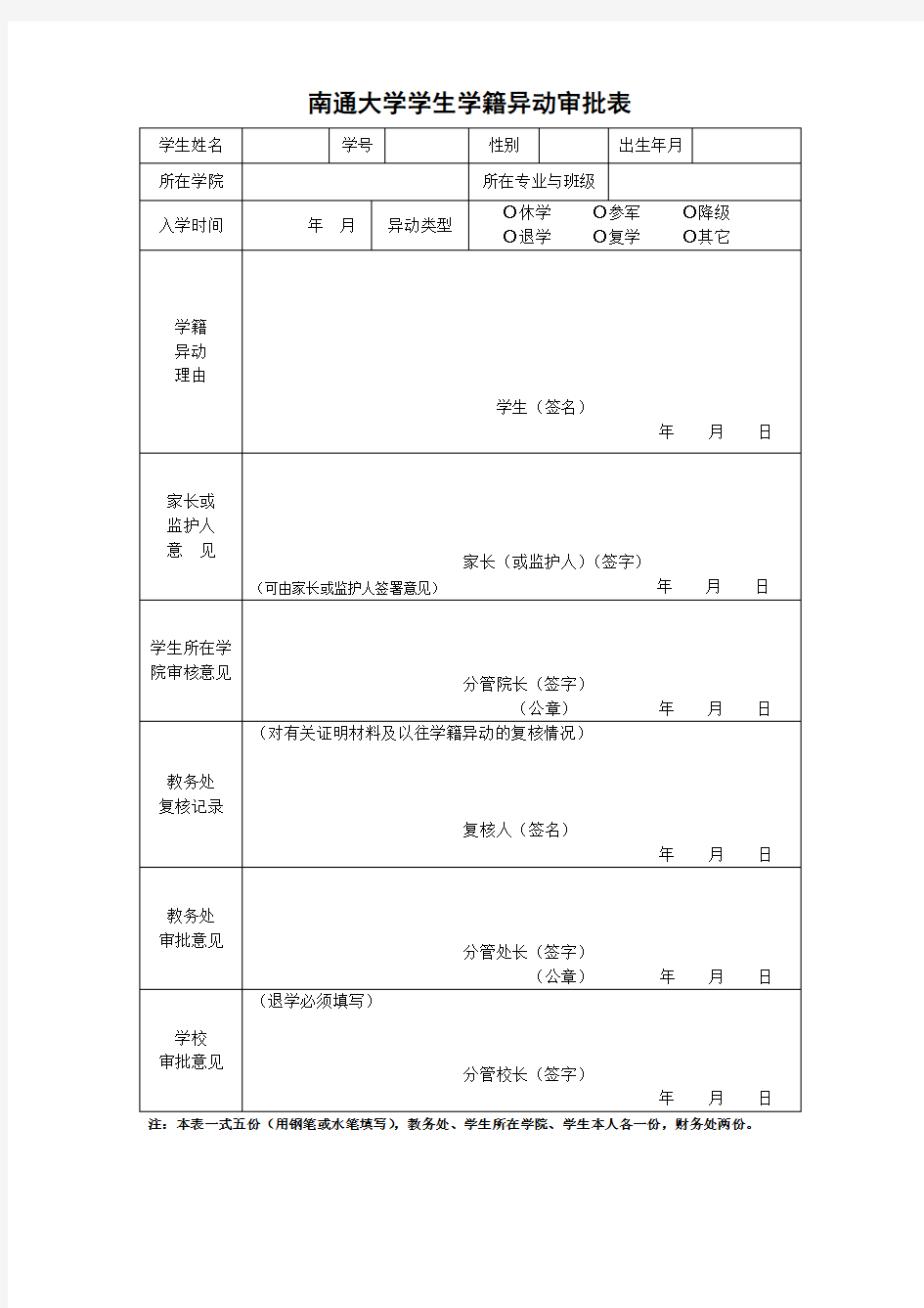 学籍异动审批表(一式五份)