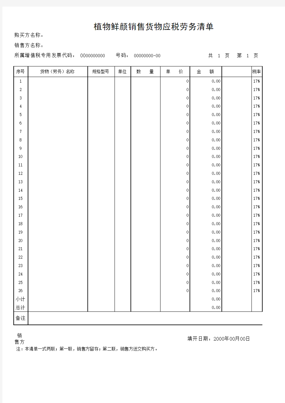 植物鲜颜销售货物应税劳务清单