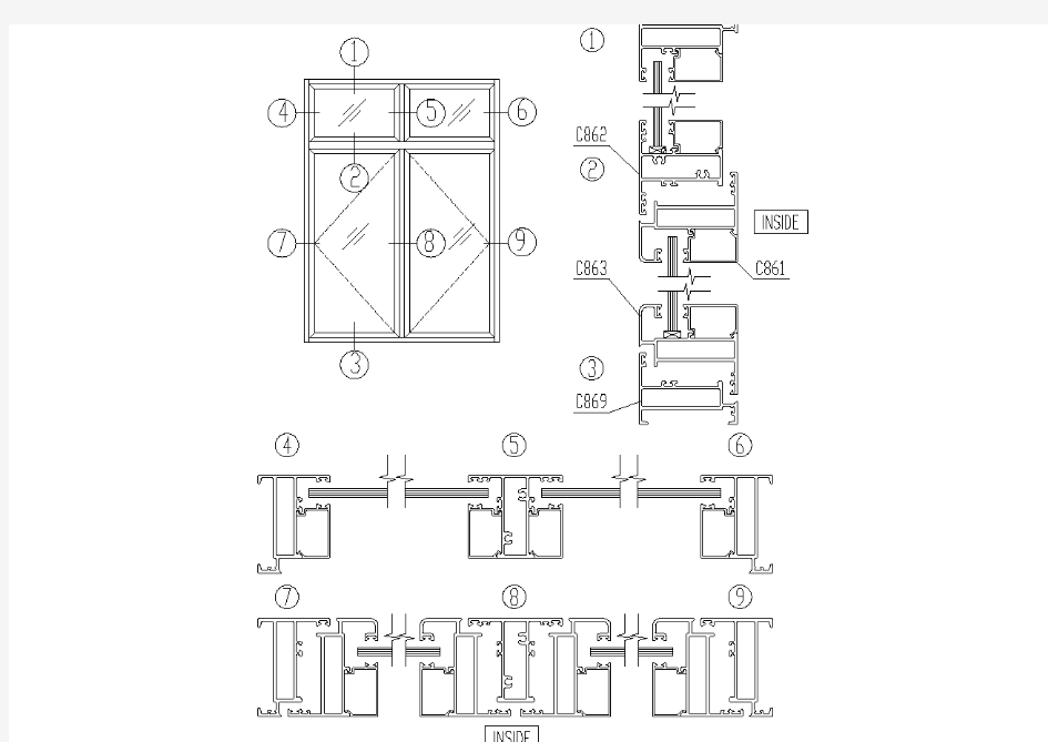 金属门窗大样图-50系列内平开窗结构图