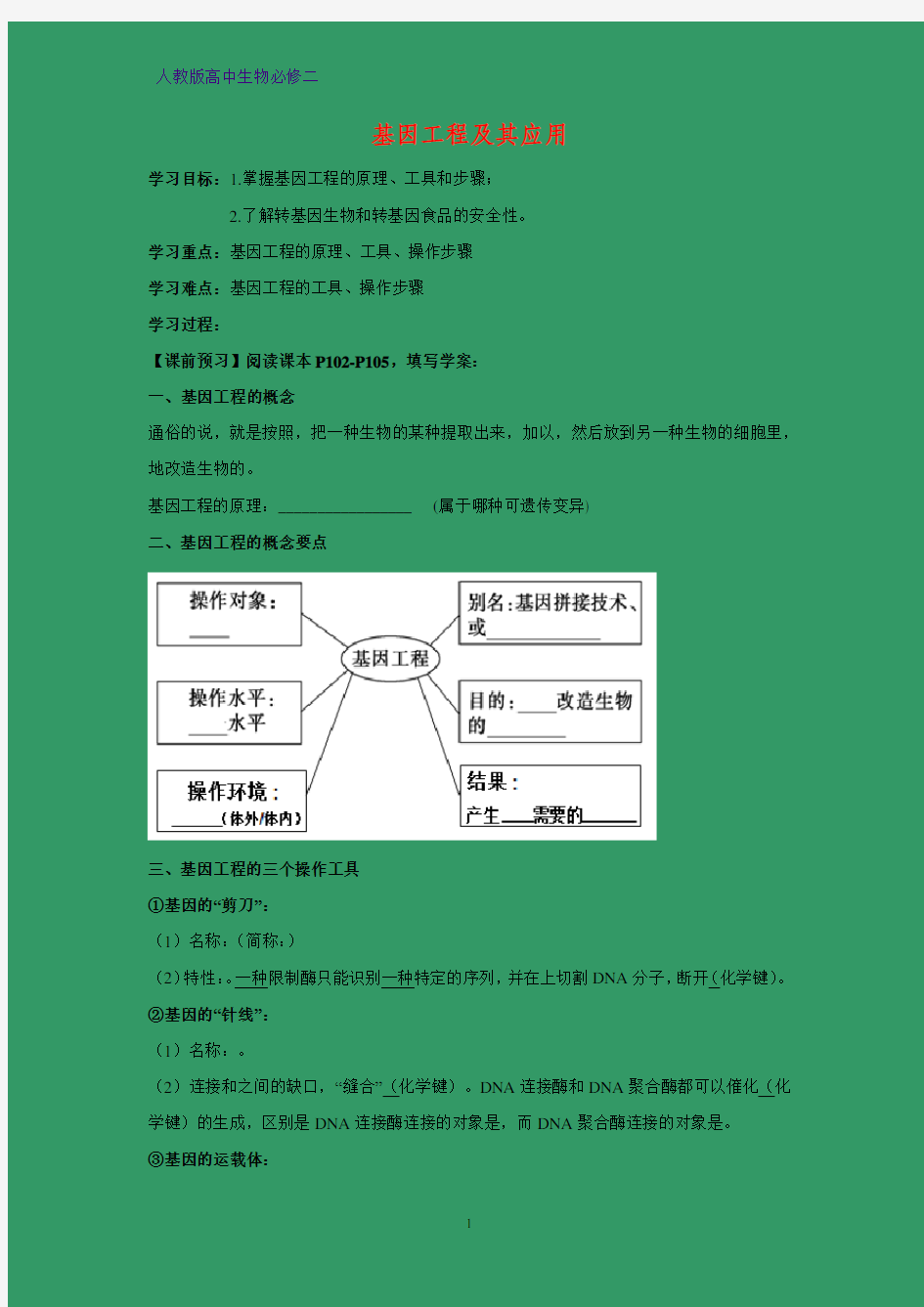 高中生物必修二学案13：6.2 基因工程及其应用