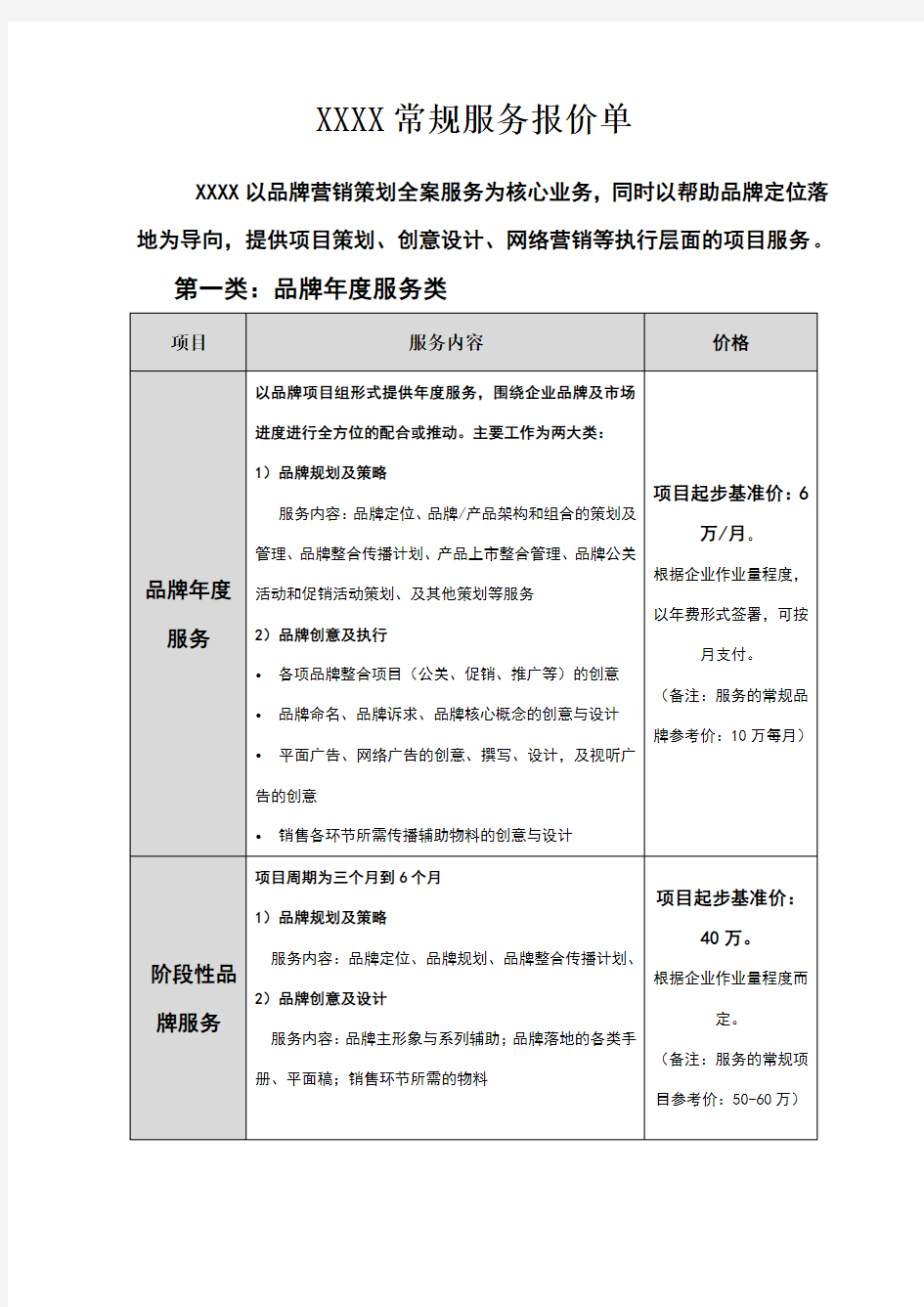 广告公司对外常规报价单