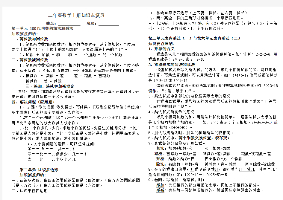 最新苏教版二年级数学上册知识归纳