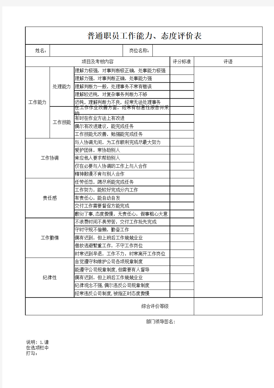 员工工作能力、工作态度评价表