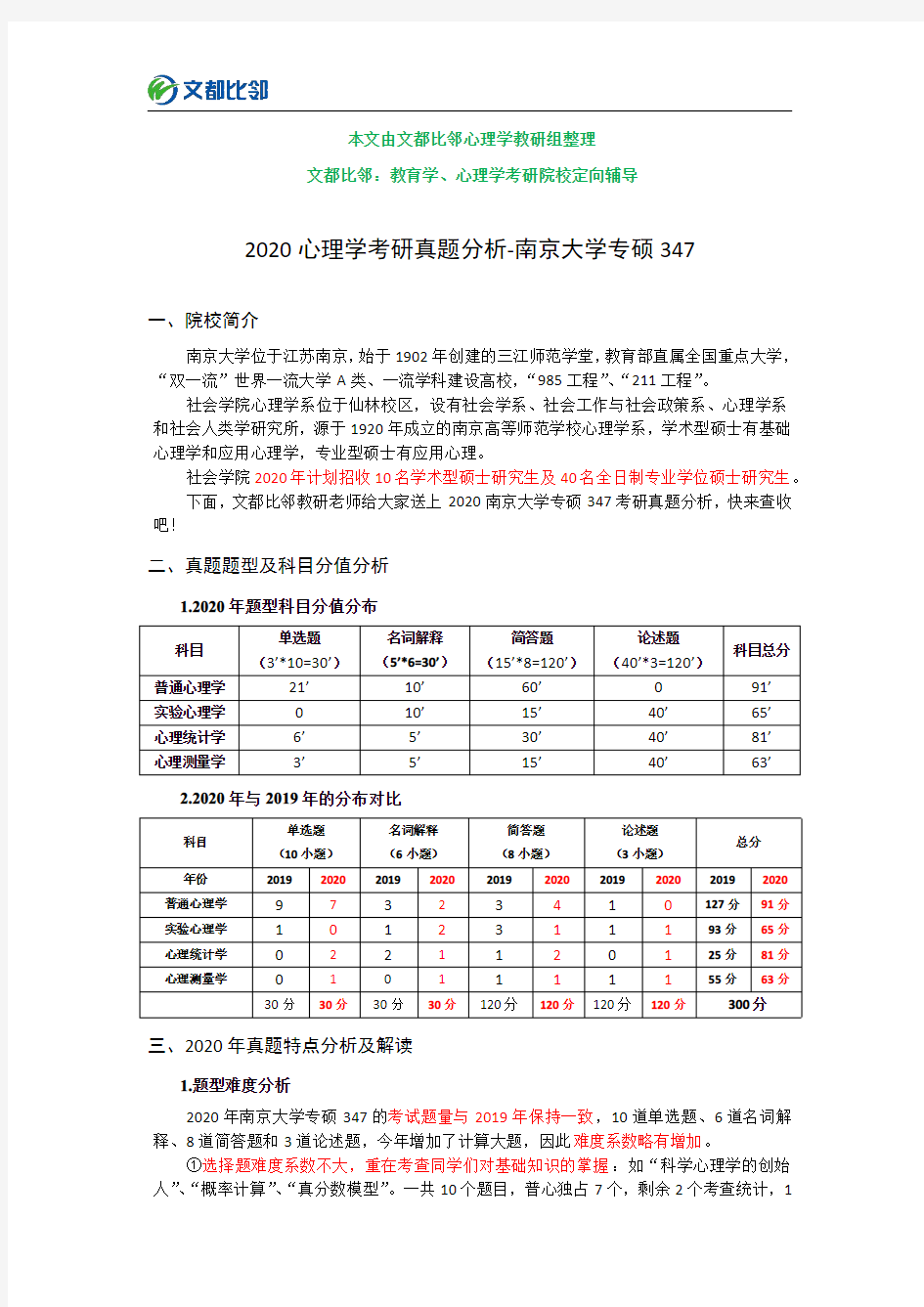 2020年南京大学心理学347考研真题分析