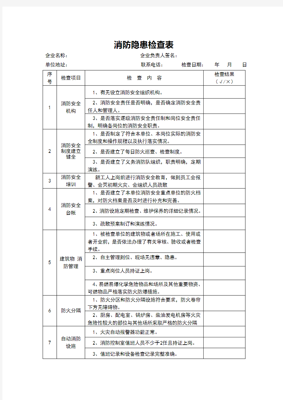 消防隐患检查表