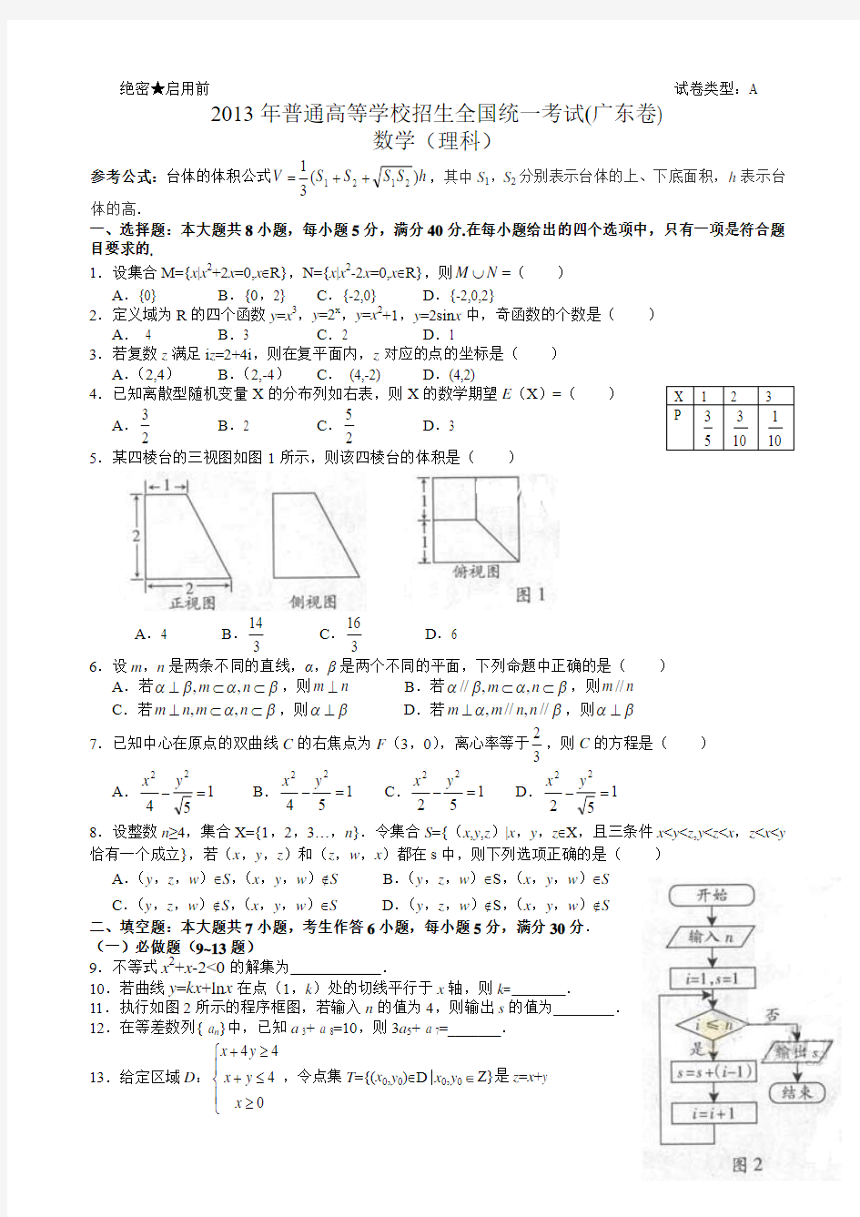 2013年广东省高考数学理科试题及答案