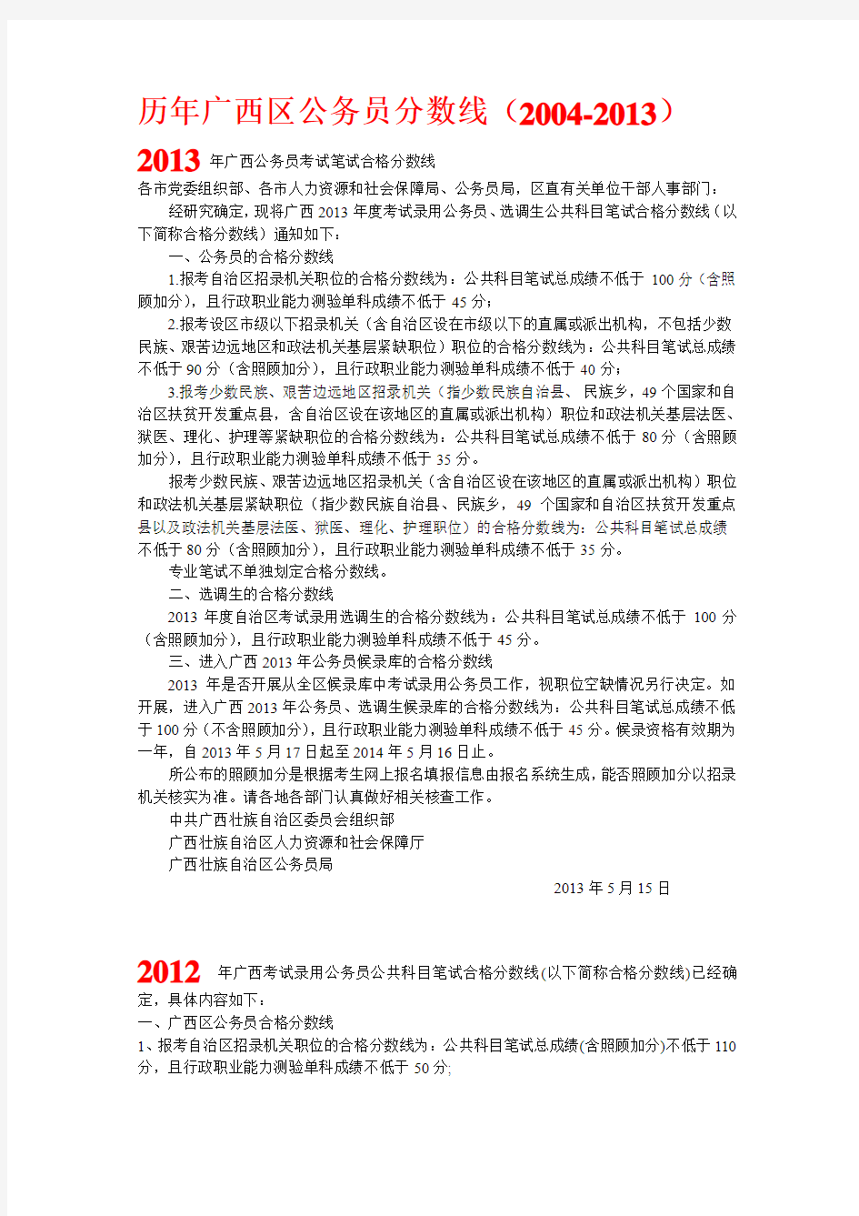 历年广西区公务员分数线(2004-2013)