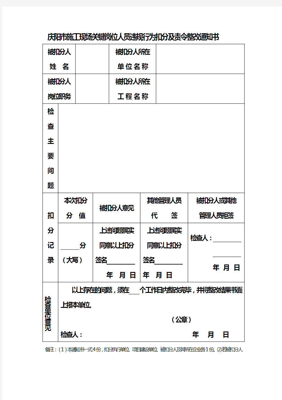 关键岗位人员违规行为扣分及责令整改通知书