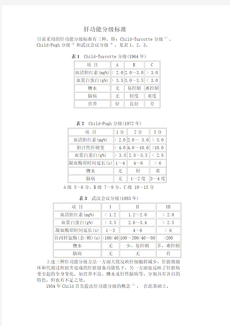 肝功能分级标准