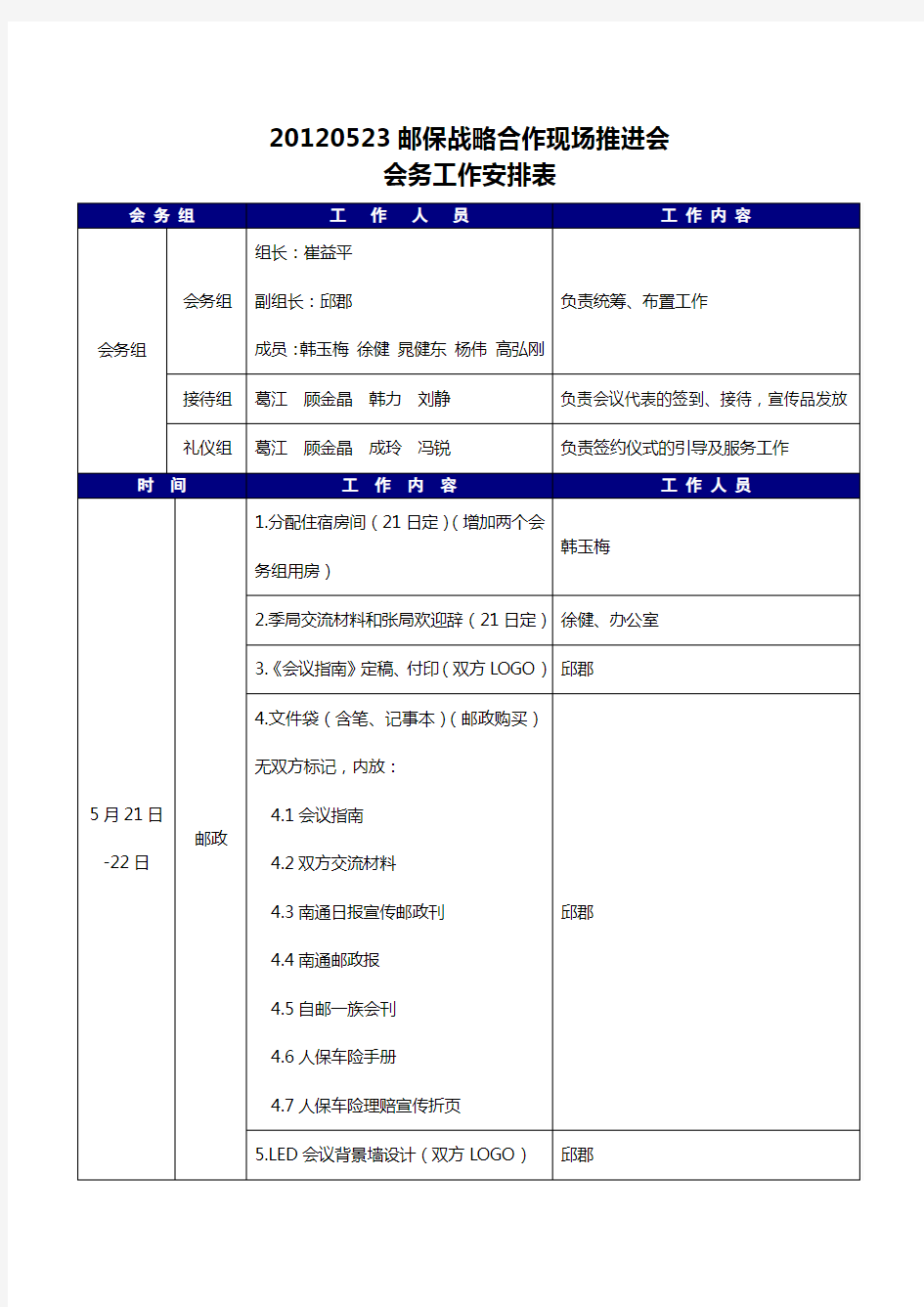 会务工作安排表