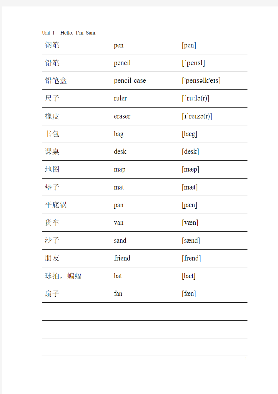 剑桥少儿英语一级上册单词