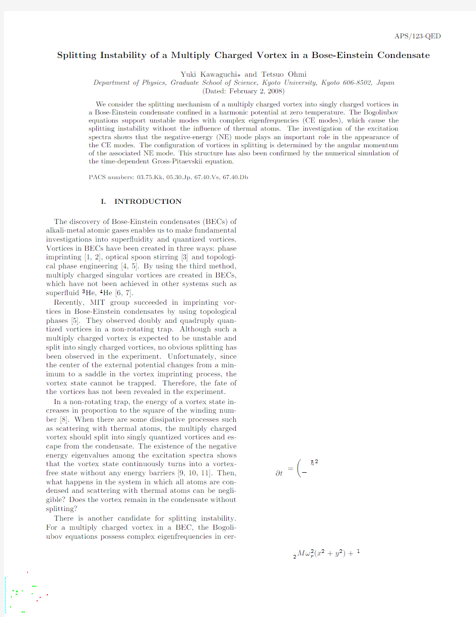 Splitting Instability of a Multiply Charged Vortex in a Bose-Einstein Condensate