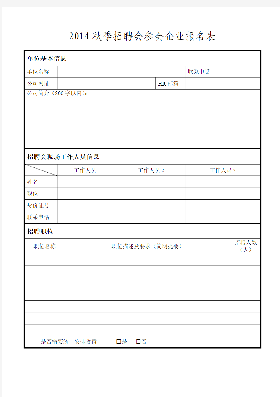 2014秋季招聘会参会企业报名表