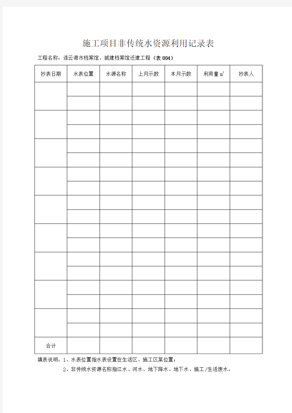 施工项目非传统水资源利用记录表(表004)