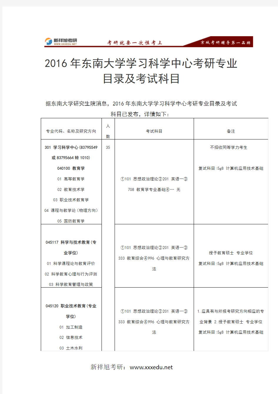 2016年东南大学学习科学中心考研专业目录及考试科目-新祥旭考研辅导