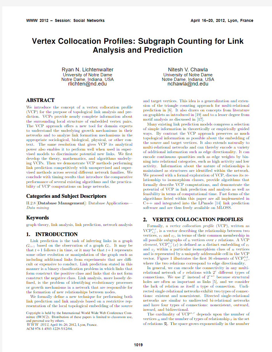 Vertex Collocation Profiles Subgraph Counting for Link Analysis and Prediction