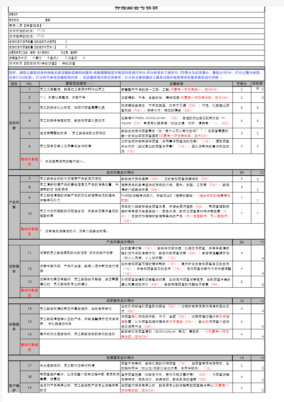 顾客体验调查表