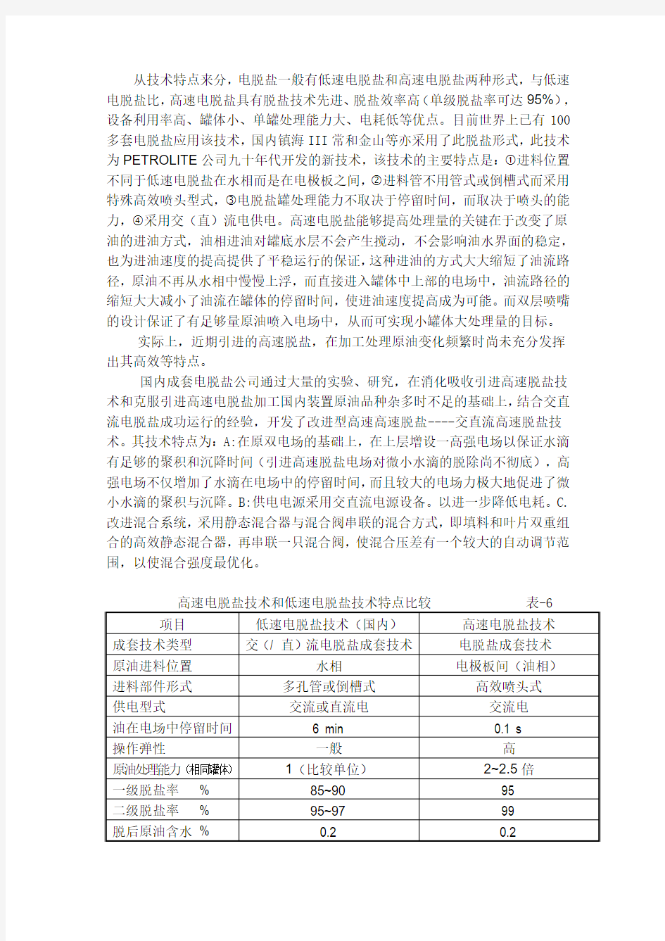 高速电脱盐技术和低速电脱盐技术特点比较