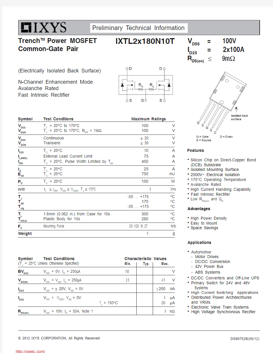 IXTL2X180N10T;中文规格书,Datasheet资料