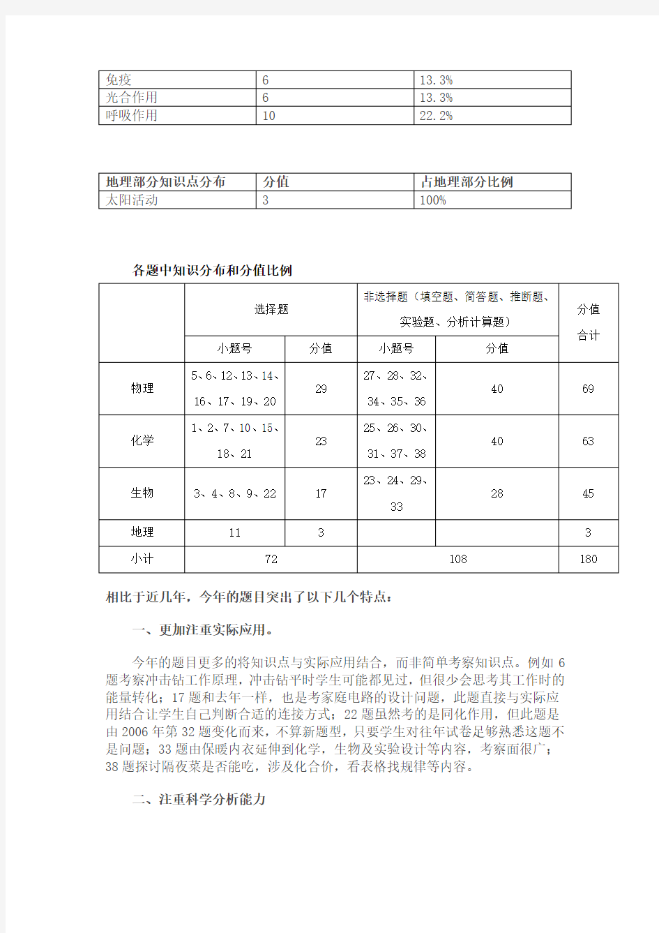 杭州中考科学试卷分析