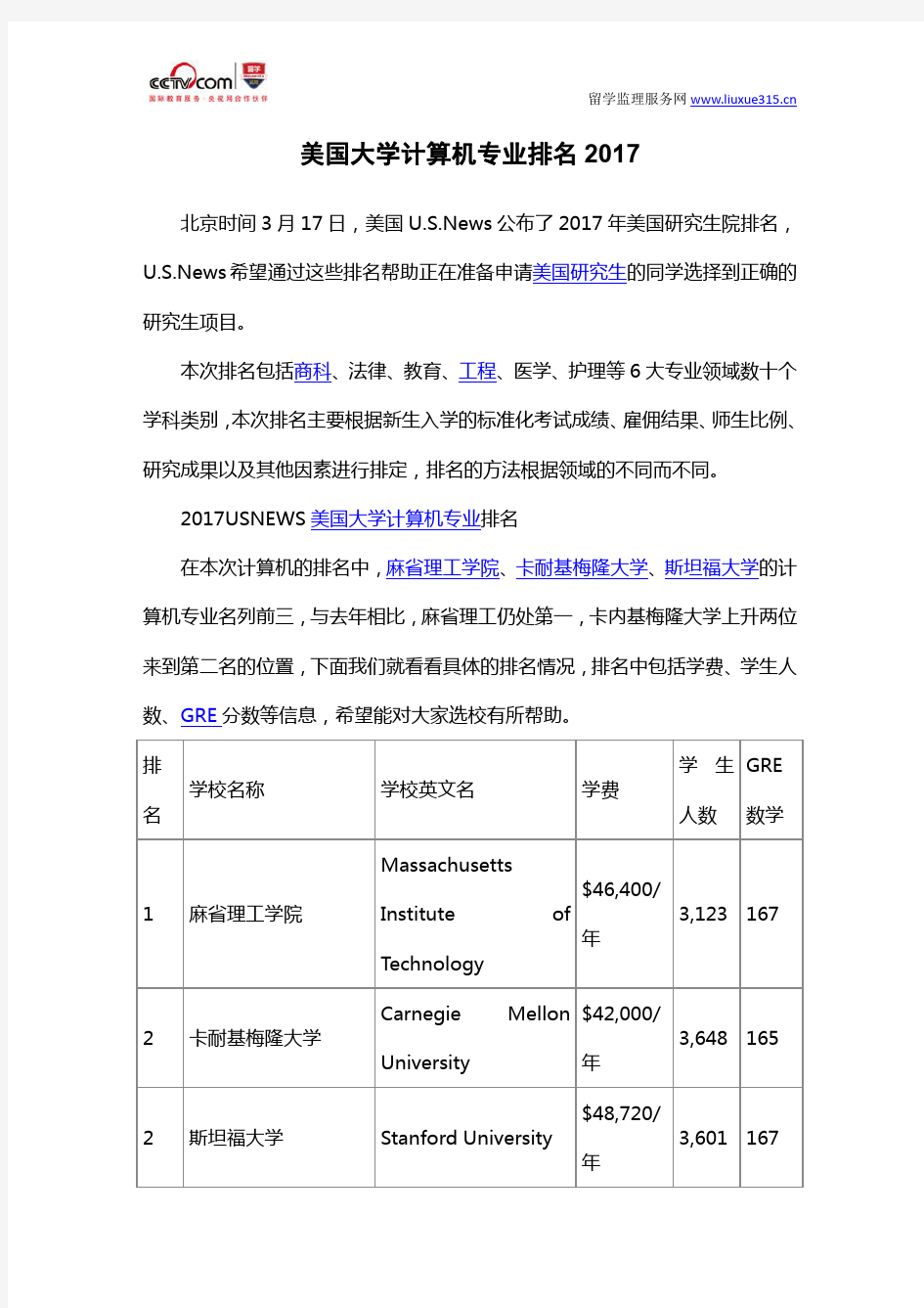 美国大学计算机专业排名2017