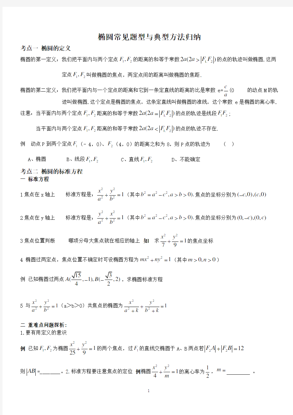 高中数学必修2椭圆常见题型与典型方法归纳