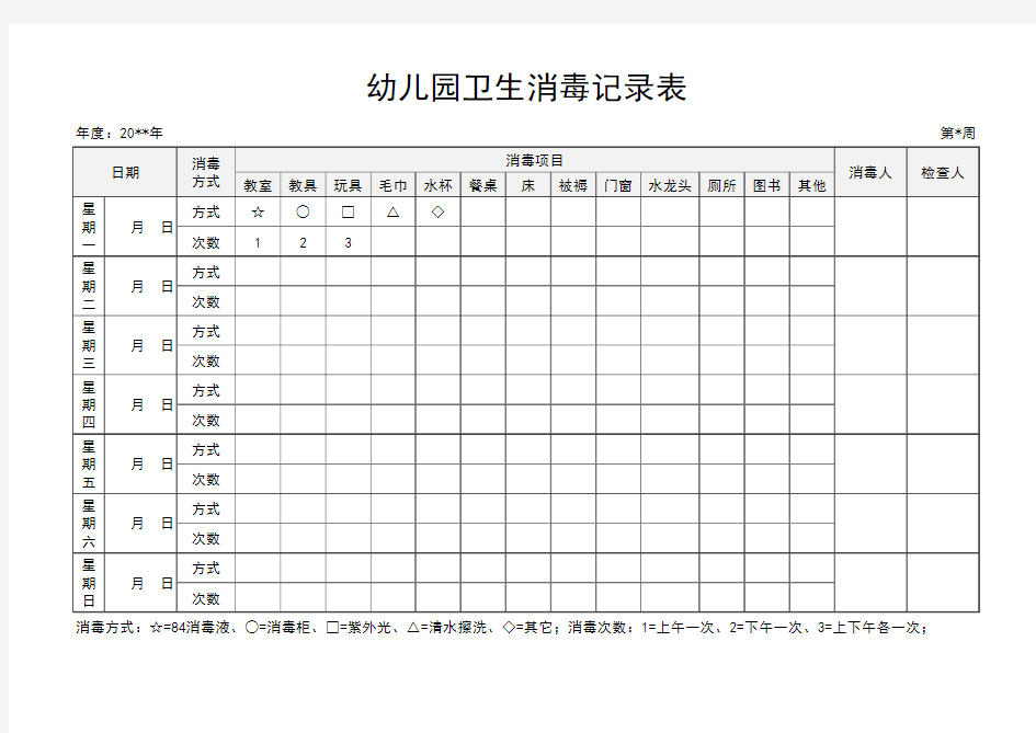 幼儿园卫生消毒记录表Excel模板