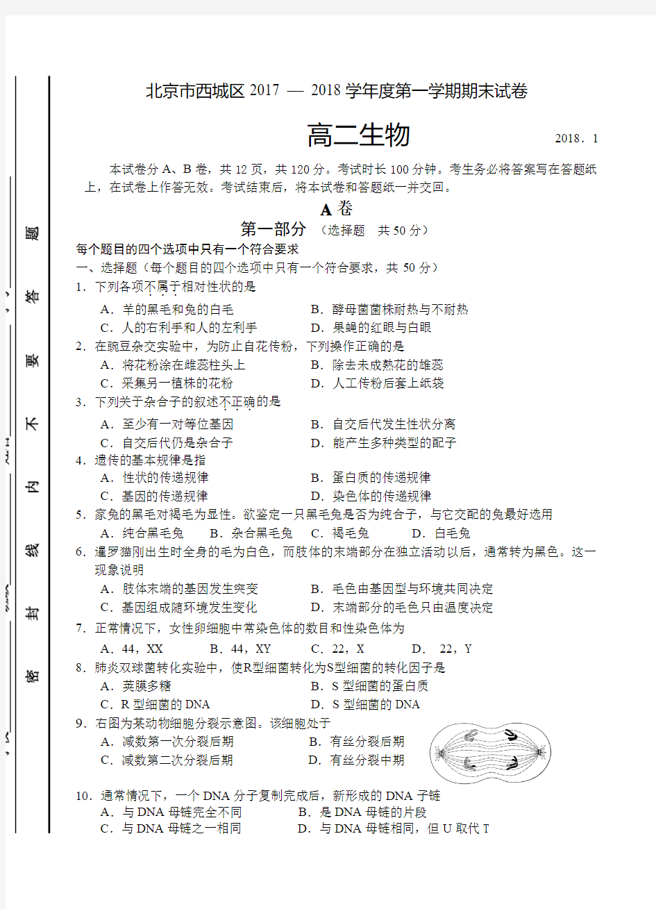 北京市西城区2017-2018学年高二第一学期期末考试生物试卷含答案