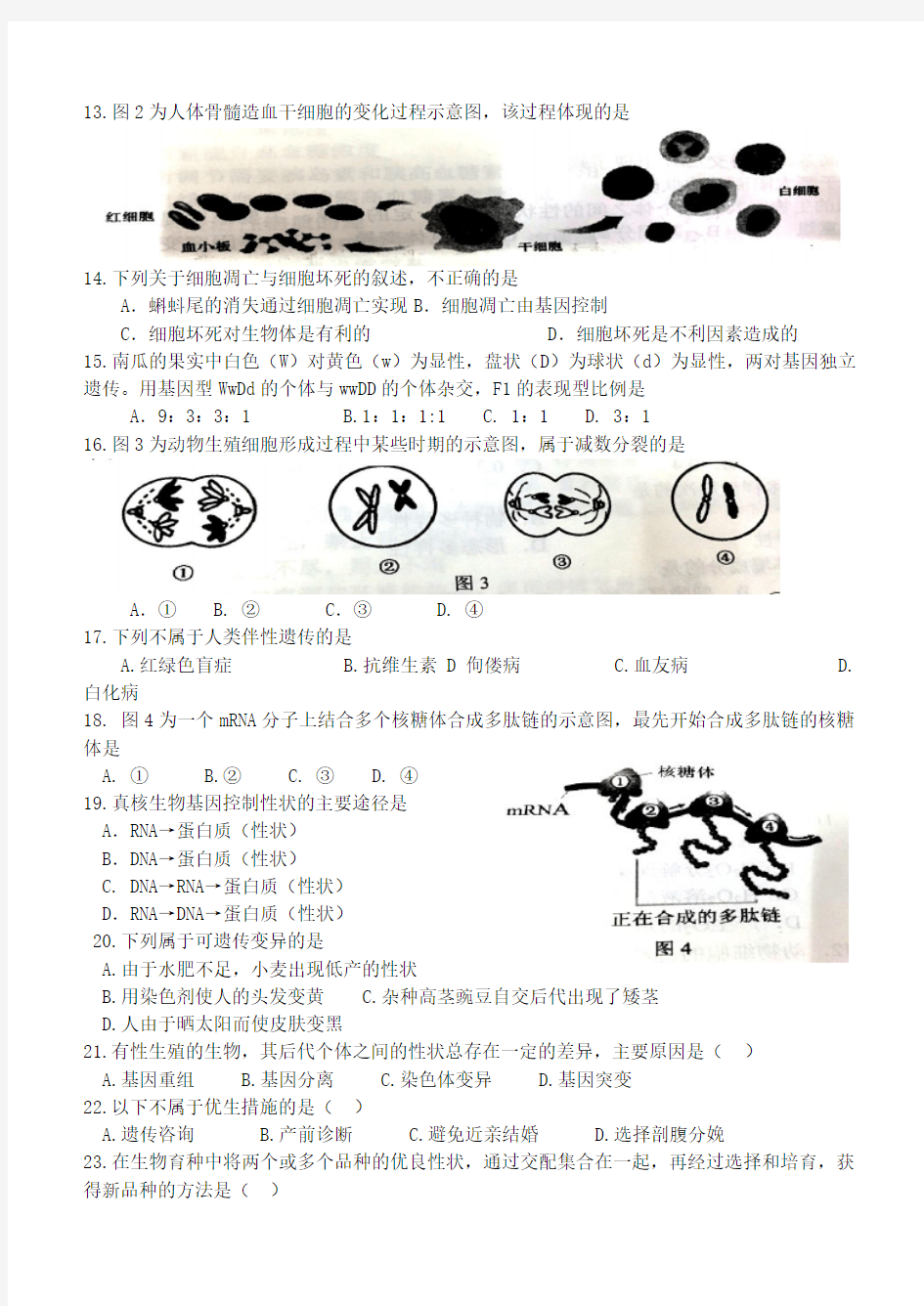 2016年普通高中学业水平考试生物试卷(word档-附答案)