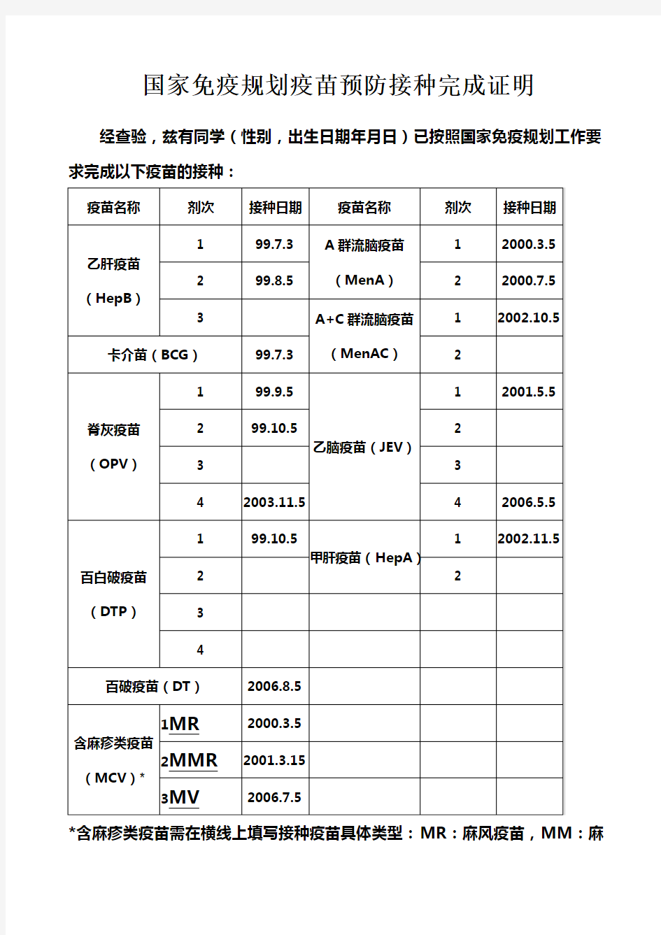 国家免疫规划疫苗预防接种完成证明样本