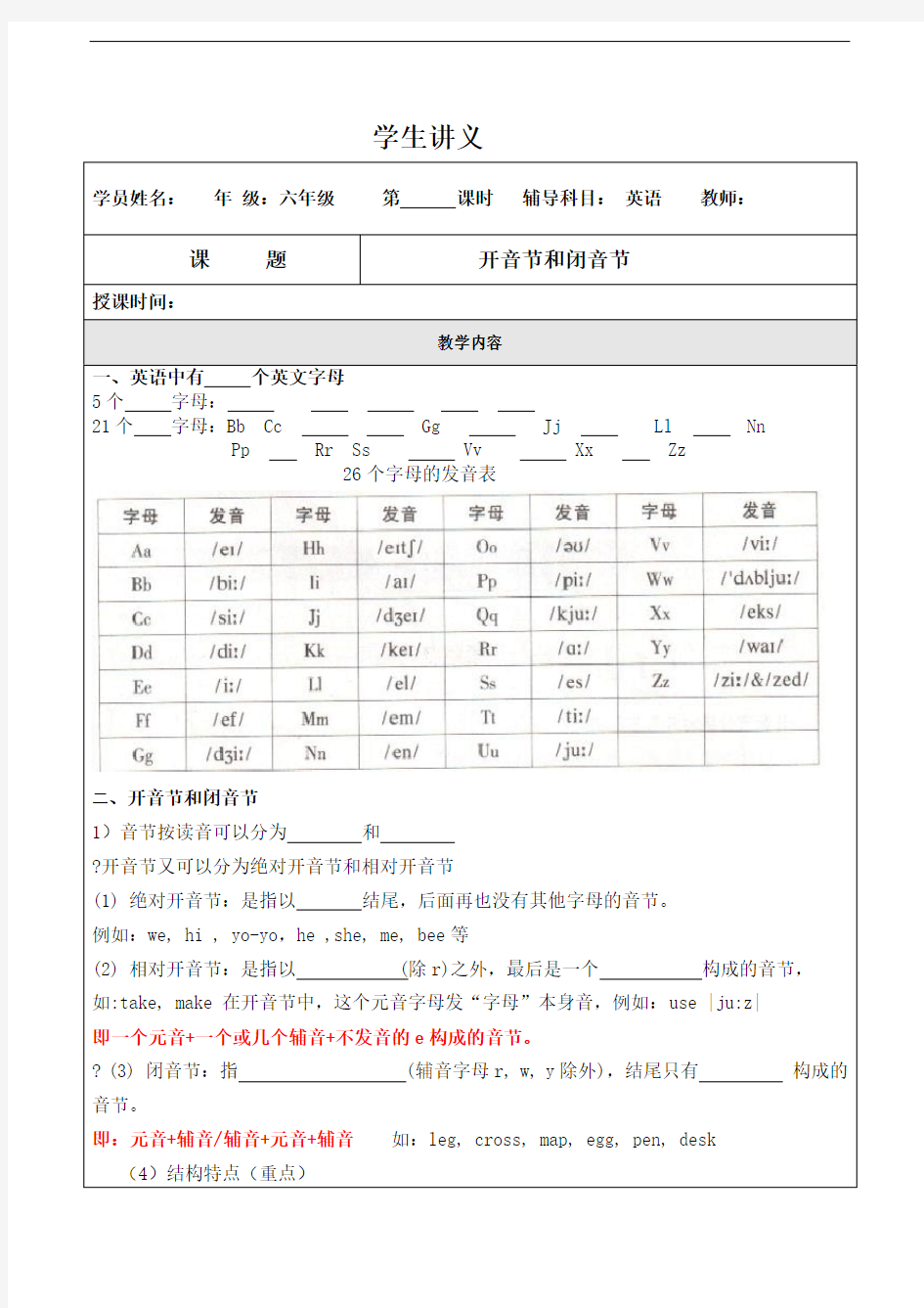 开音节和闭音节