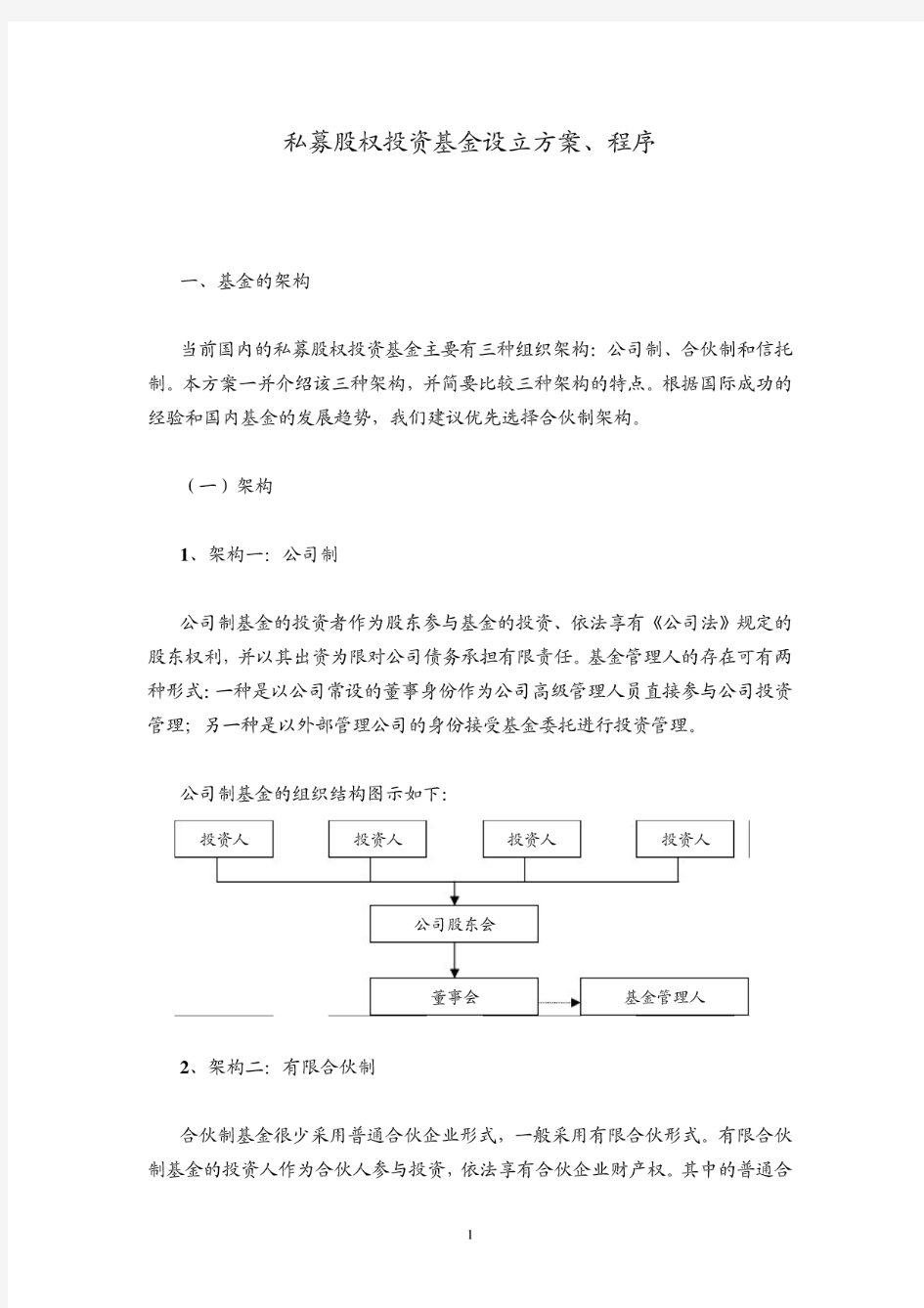 私募股权投资基金设立方案、程序