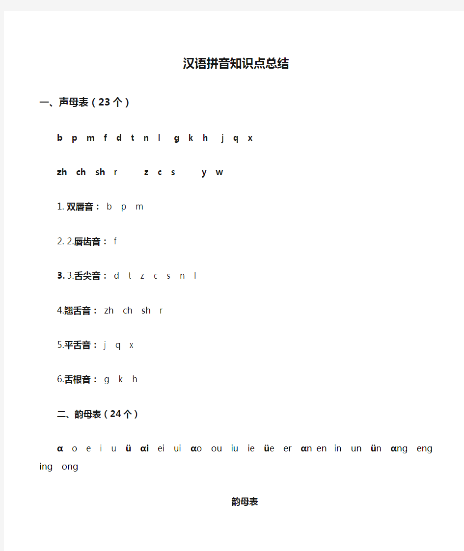 一年级汉语拼音知识点总结概括